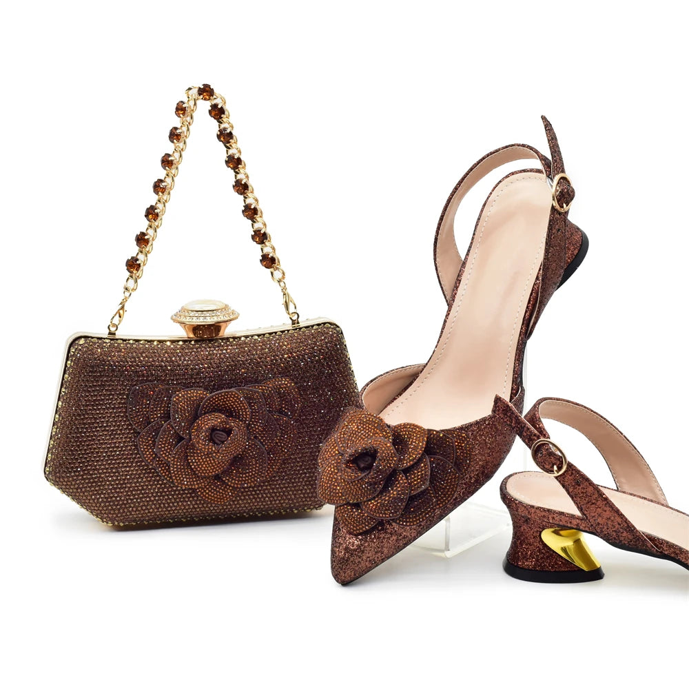 Designers Ladies Luxury Italian Party Shoes and Bag Set for Women Rhinestone-Decorated Suitable for Bride's Wedding