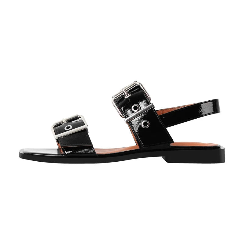 Women Square Toe Buckle Strap Flats Sandals Lady Big  Size Summer Punk Retro Mary Jane Slingbacks Sandals