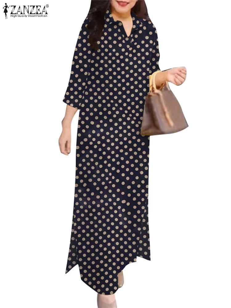 Polka Dot Vintage Shirtdress Women 2025 Autumn Loose Casual 3/4 Sleeve Turn-down Collar Vestidos Holiday Maxi Dress