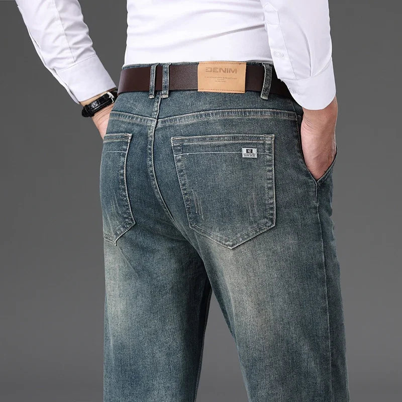 2025 Dunne of dikke stoffen kantoor- en zakenjeans voor heren, klassiek blauw, zwart, katoenen stretch, rechte denimbroek, herenmerkbroeken