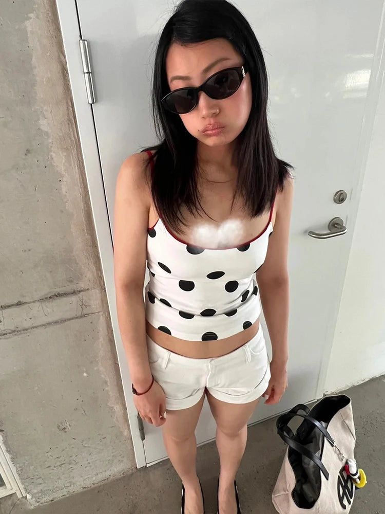 Polka Dot Patchwork Camisole Women Y2K Style Spaghetti Strap Skinny Stretch Street Fashion Versatile Style Tank Tops