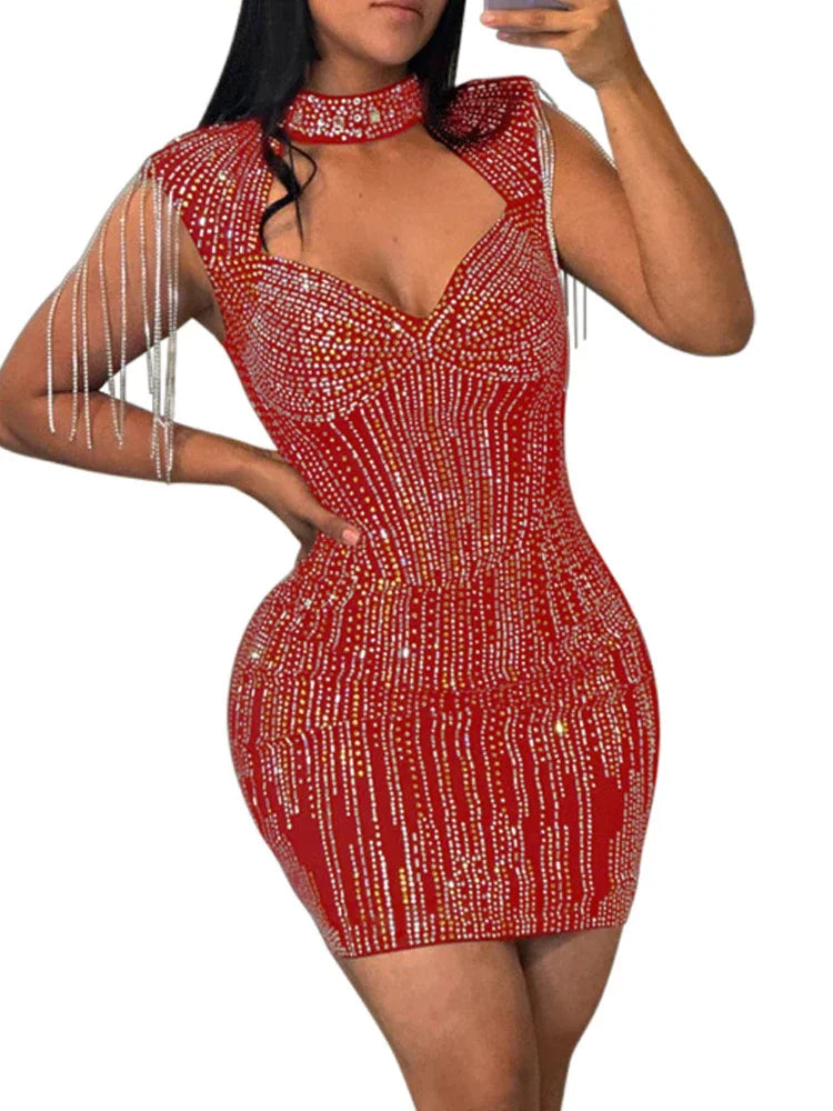 Sexy Sleeveless Rhinestone Decor Tassels Hollow Out Mini Dress