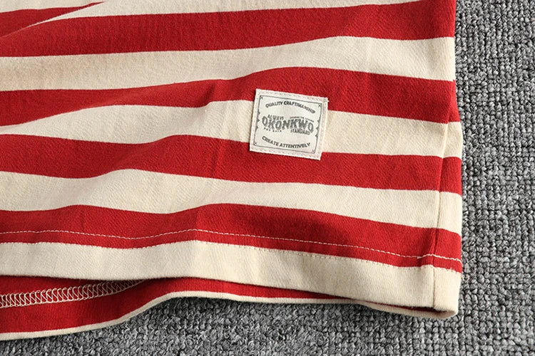 Autumn New American Retro 230g Heavyweight O-neck Striped T-shirt Men's Fashion 100% Cotton Washed Casual Loose Tough GuyTops