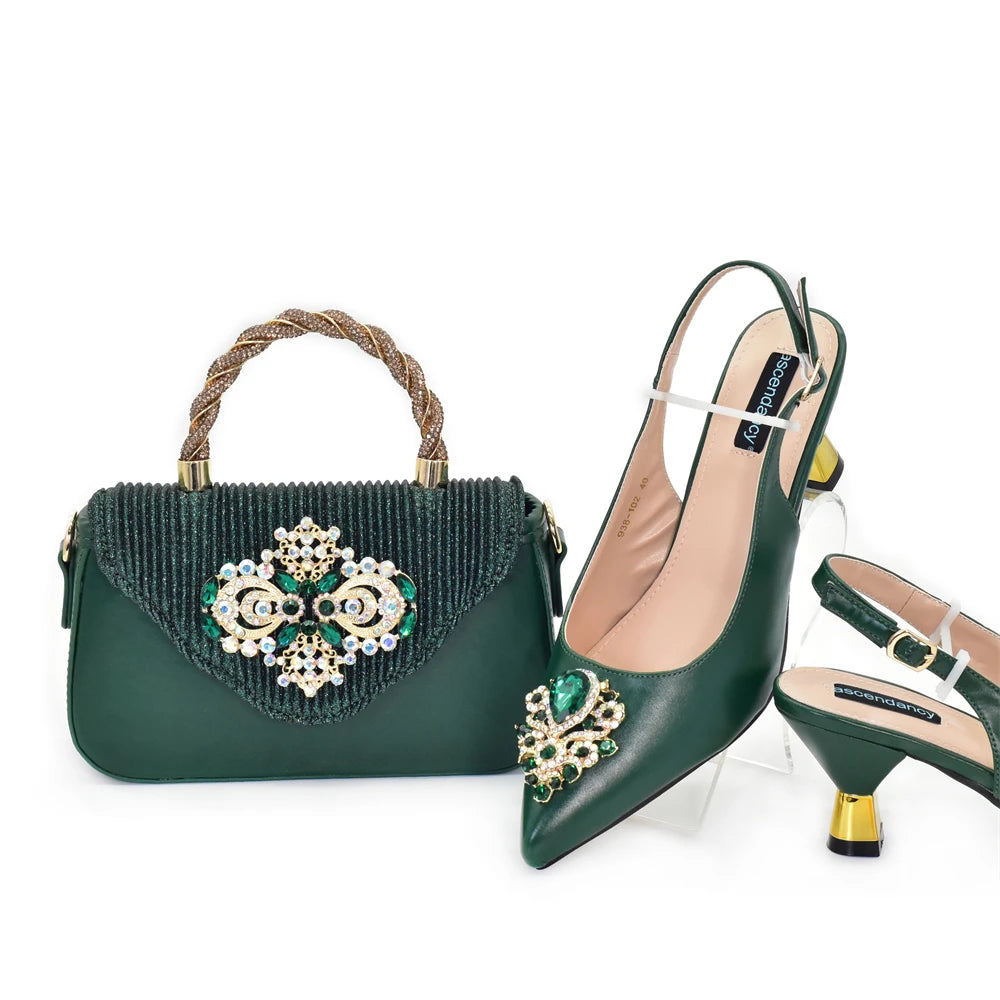 African Matching Shoes and Bags Set Decorated with Rhinestone for Ladies' Party