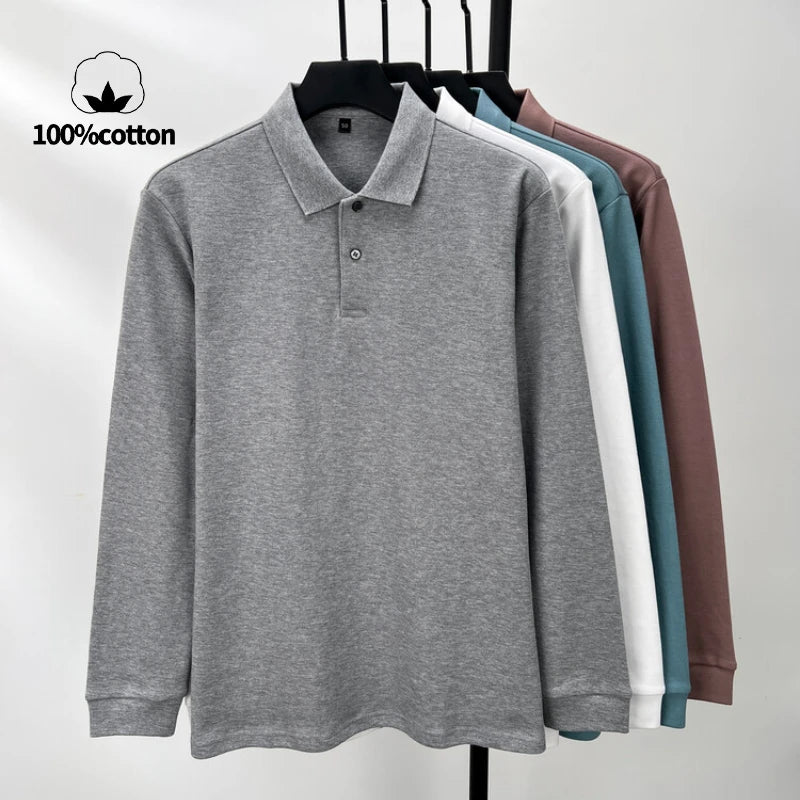 Men's 100% Cotton Polo Shirt, Four Seasons Universal Leisure Long Sleeve, Breathable Lapels T-shirt, Perfect and Durable for Golf Sports