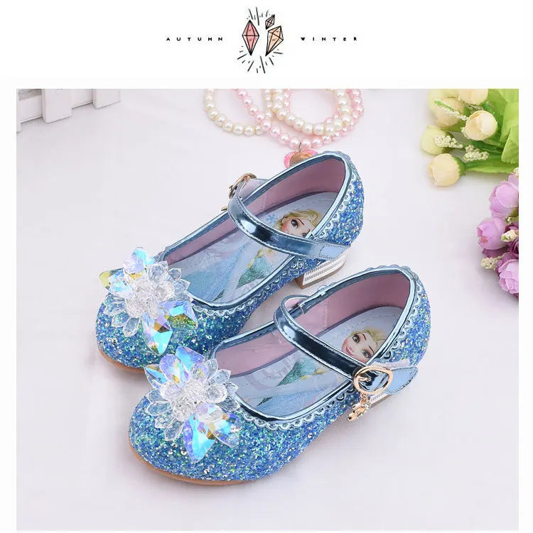 Frozen Elsa Princess Girls Leather Crystal Shoes Glitter Casual High Heels Girls Sandals Pink Blue Silver Elsa Shoes