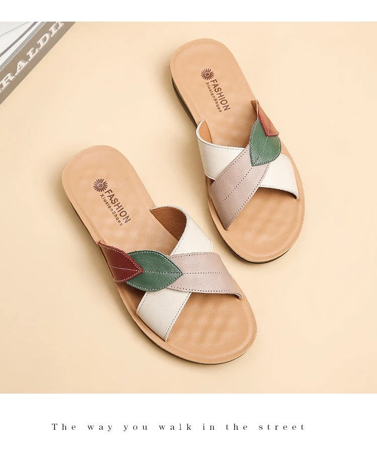 Women Female Ladies Mother Genuine Leather Shoes Sandals Platform Slipper Summer Cool Beach Soft Slip On Outside