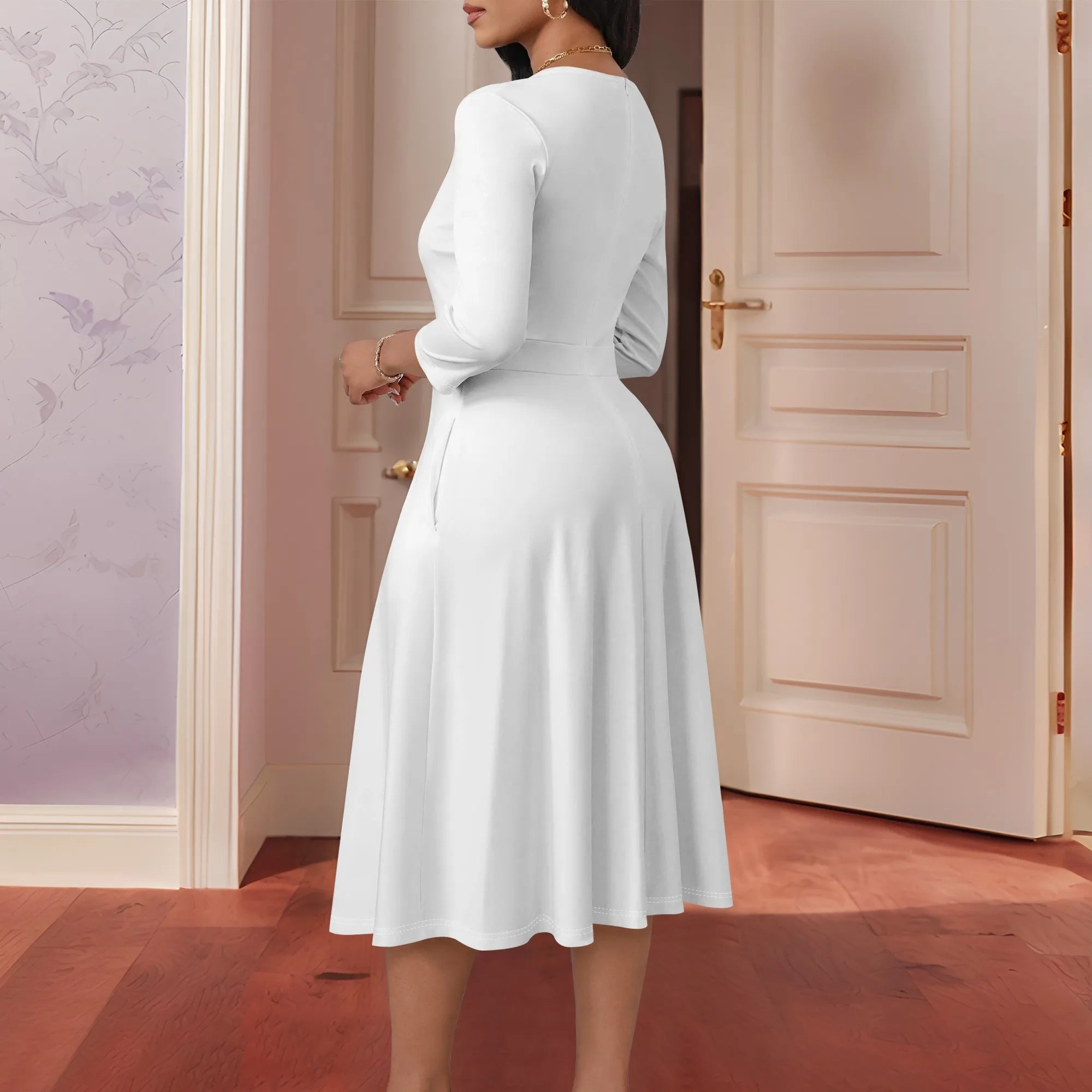 Ladies' casual flared midi dress, wedding guest cocktail tea party dress, A-line swing V-neck, three-quarter sleeves.