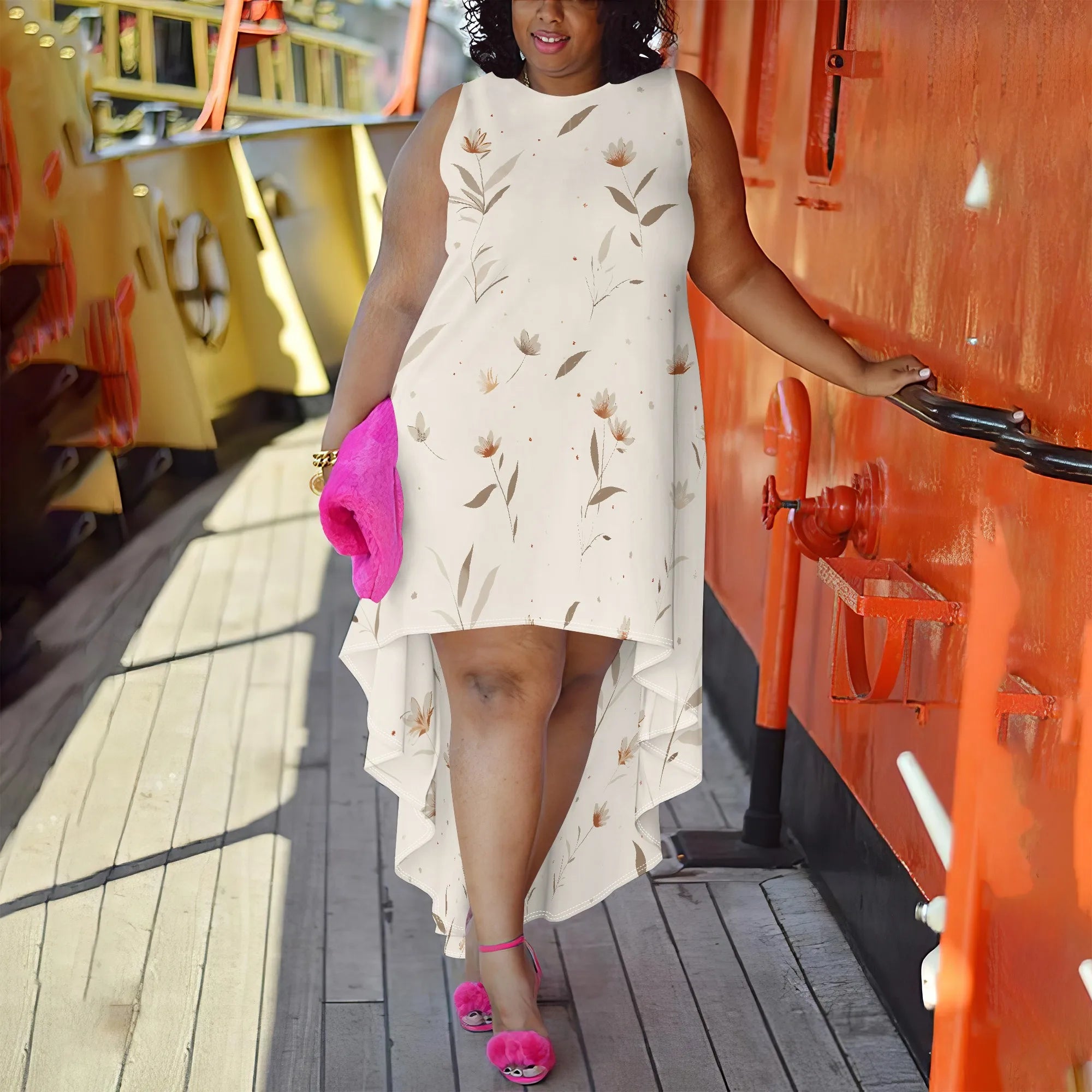 Plus Size Sleeveless Tropical Leaf Print High-Low Dress for Women, Casual Summer Dress