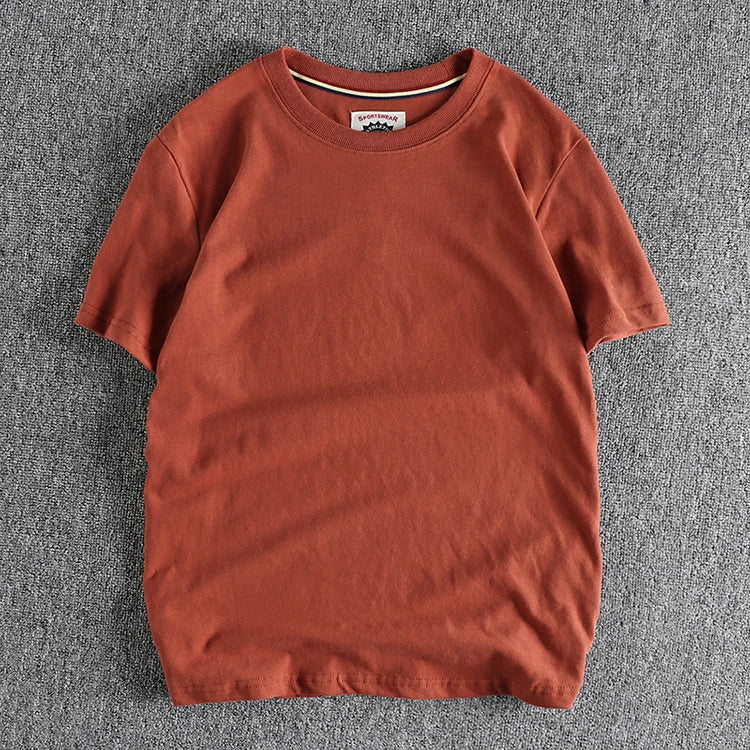 Summer New American Retro Short-sleeved O-neck Solid Color T-shirt Men's Fashion Simple 100% Cotton Washed Casual Sport Tops