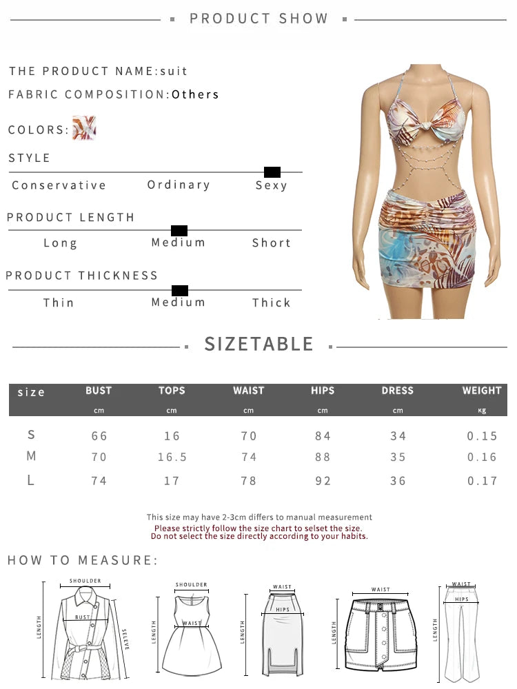 Backless Women Dress Pearl Chains Knot Wrap Summer Tie Dye Print Halter Bandage Backless Skinny Party Mini Bodycon