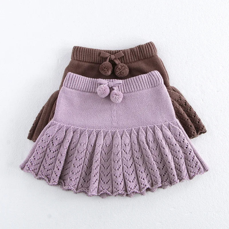 New Autumn Kids Short Skirt Girls Cute Solid Colour Knitted Pleated Skirt Children Hollow Out Knitted Shorts