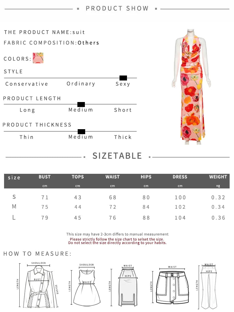 Floral Print 2 Piece Set Women Halter Low-Neck Backless Crop Tops + Skinny Splits Long Skirts Vacation Beach Style Suit