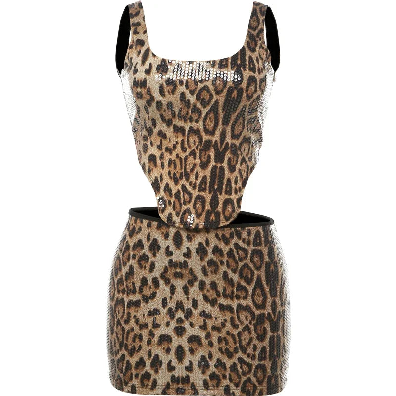 Leopard Sequin 2 Piece Set Women 2025 Summer Trend Backless Crop Top + Skinny Mini Skirt Matching Street Sexy Wild Suit For Women