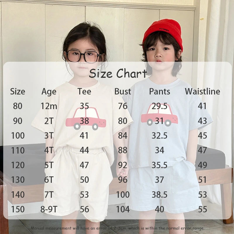 New Summer Kids Clothes Suit Children Cute Cartoon Car T-shirt + Shorts Boys Thin Style 2PCS Outfit 1-4Y Unisex