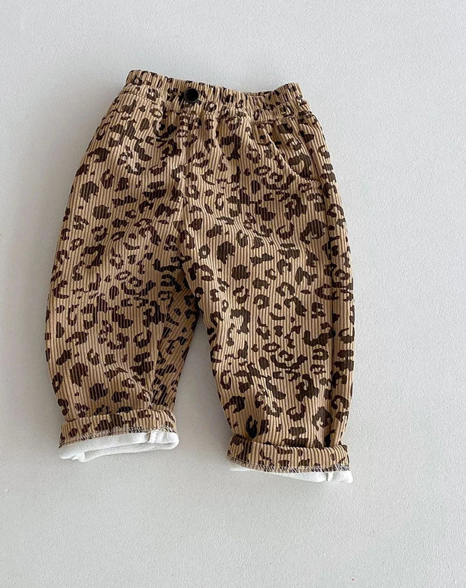 Autumn Kids Baby Pants Thickened Fleece Lining Floral Girls Trousers Warm Fashion Leopard Print Boys Pants Outwear 1-5Y Unisex