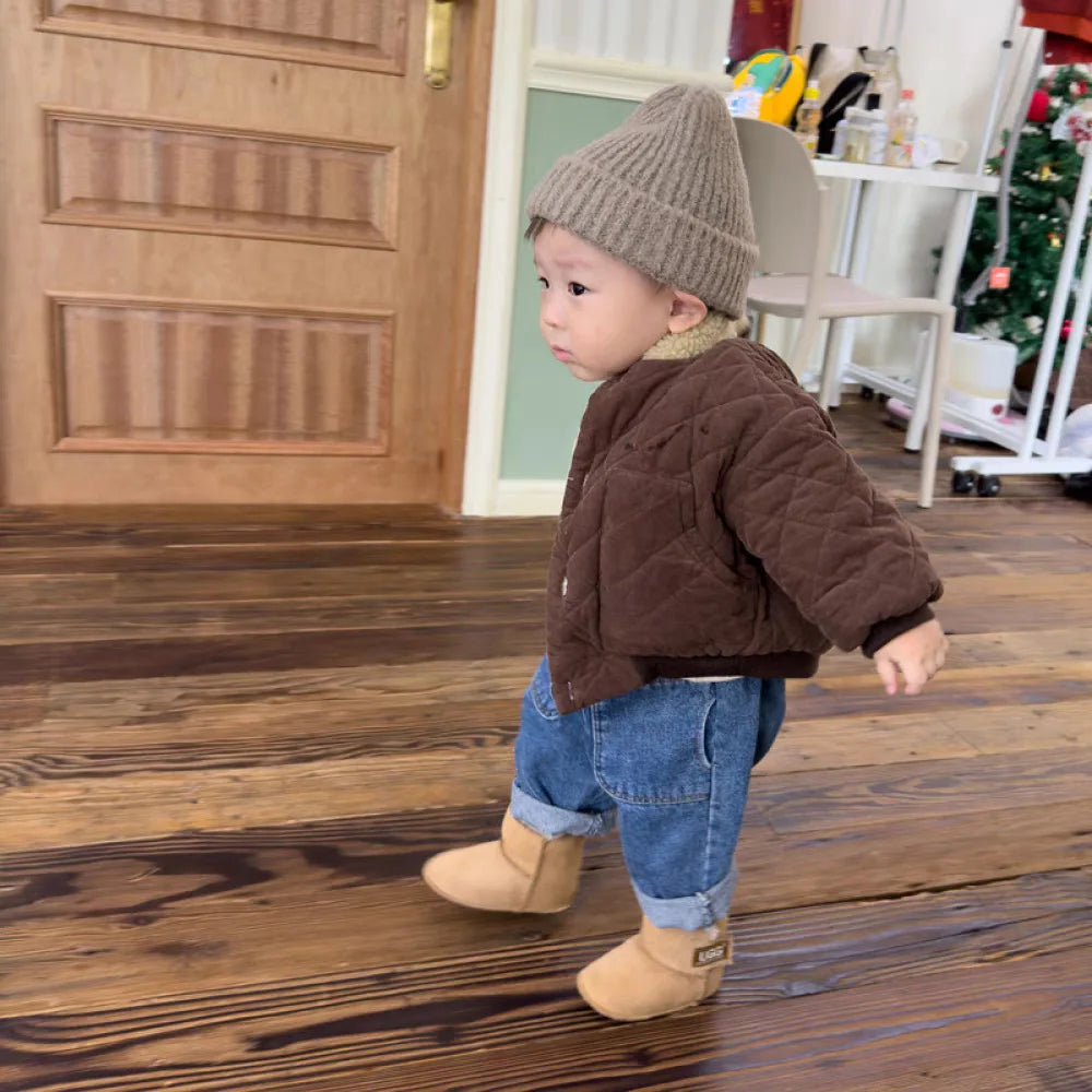 2025 Winter New Baby Long Sleeve Warm Coat Plus Velvet Thick Infant Boy Padded Jacket Girls Vintage Fleece Coat Children Clothes 1-3Y