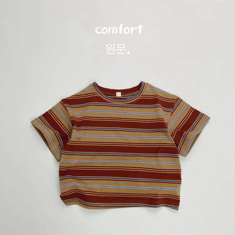 2025 Summer New Children Short Sleeve T-Shirts Cotton Baby Boy Girl Casual Striped Tees Toddler Versatile Tops Kids Clothes