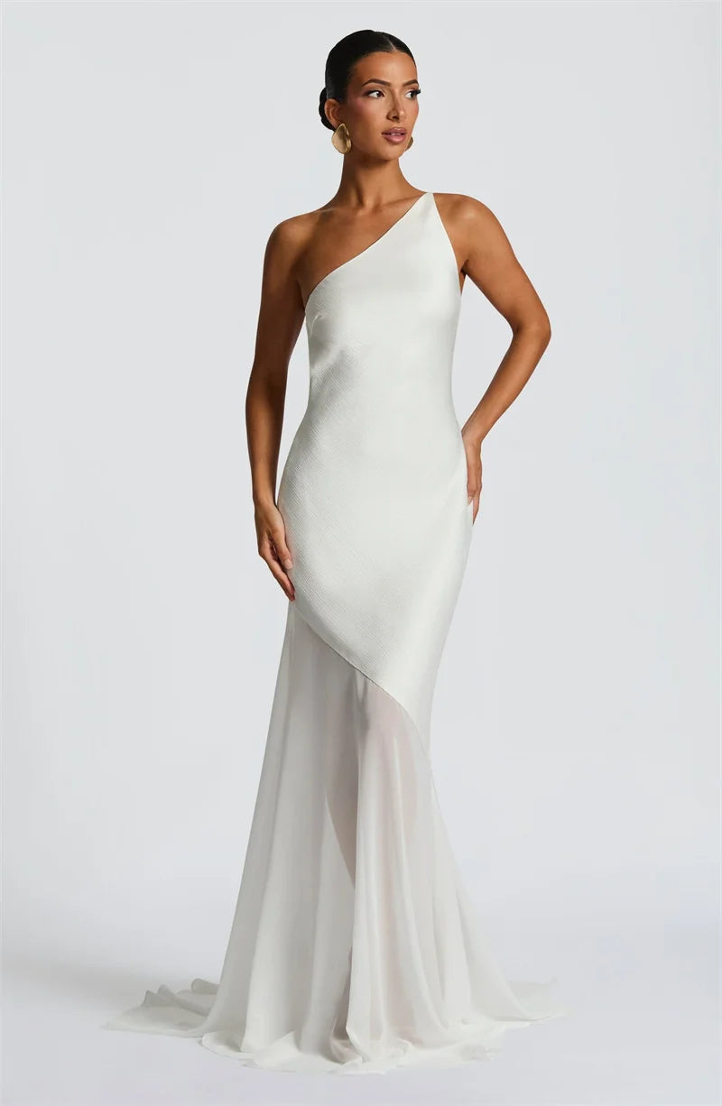 One Shoulder Backless Sleeveless Maxi Dress Women's Sexy Gown Fashion Patchwork Bodycon Club Party Long Dress Elegant Floor-Length