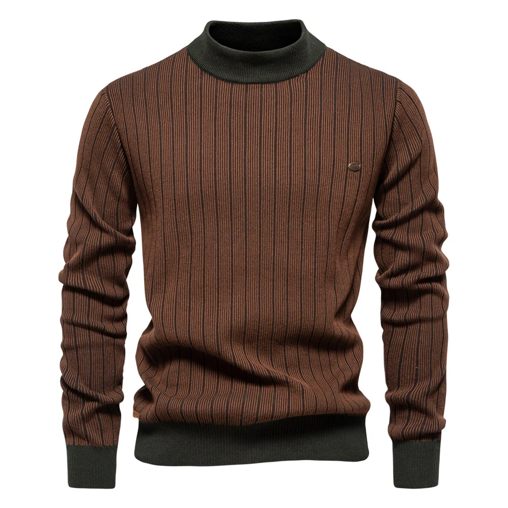 Men's Mock Neck Cotton Pullover Sweaters Autumn Winter Warm Stripped Sweater for Men