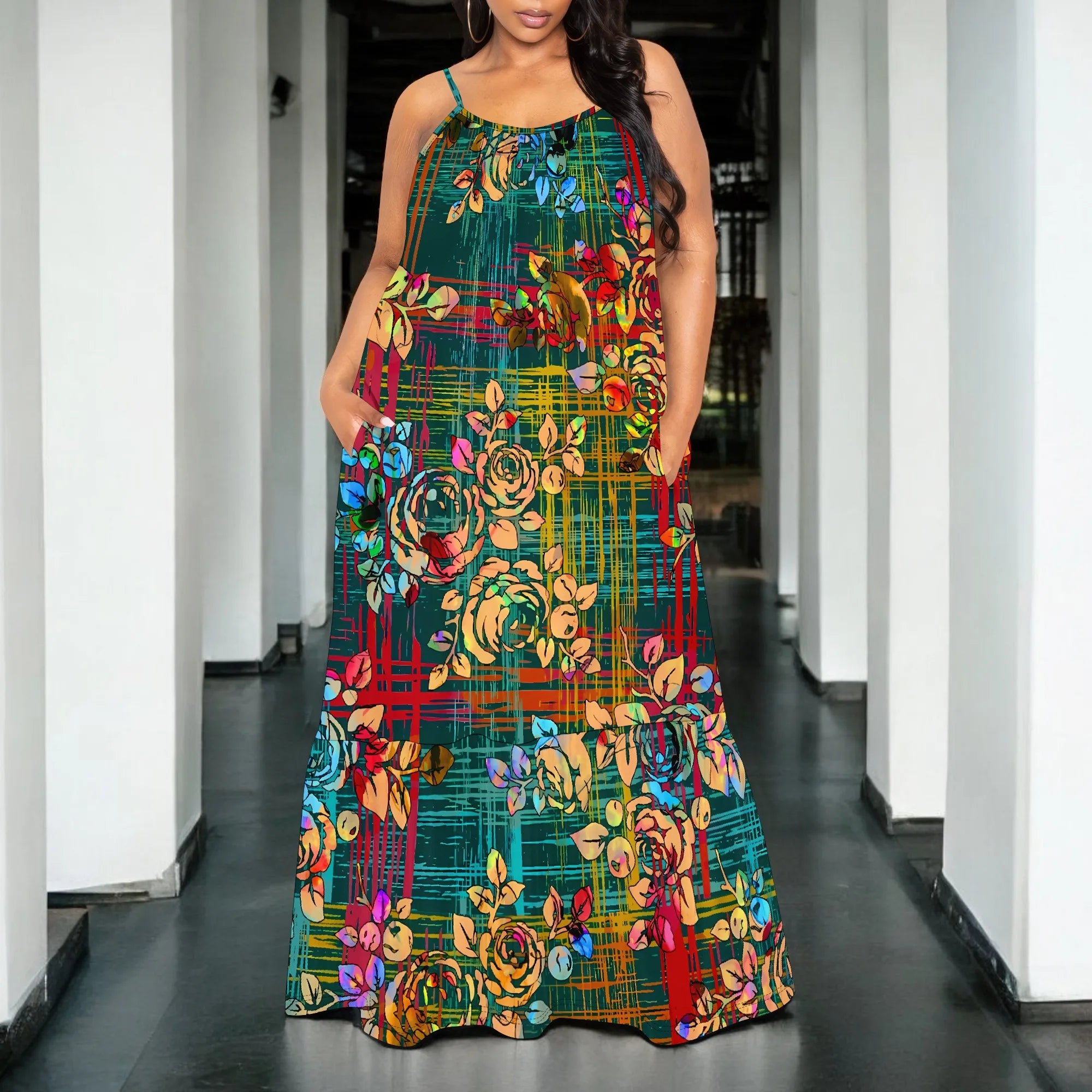 Colorful Plaid Floral Maxi Dress for Women Sleeveless Casual Spaghetti Strap Vacation Outfit