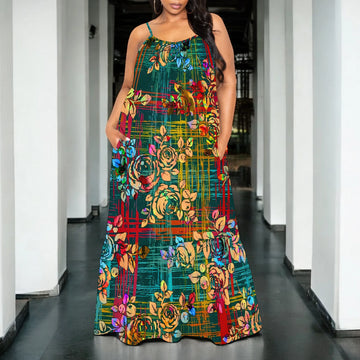 Colorful Plaid Floral Maxi Dress for Women Sleeveless Casual Spaghetti Strap Vacation Outfit