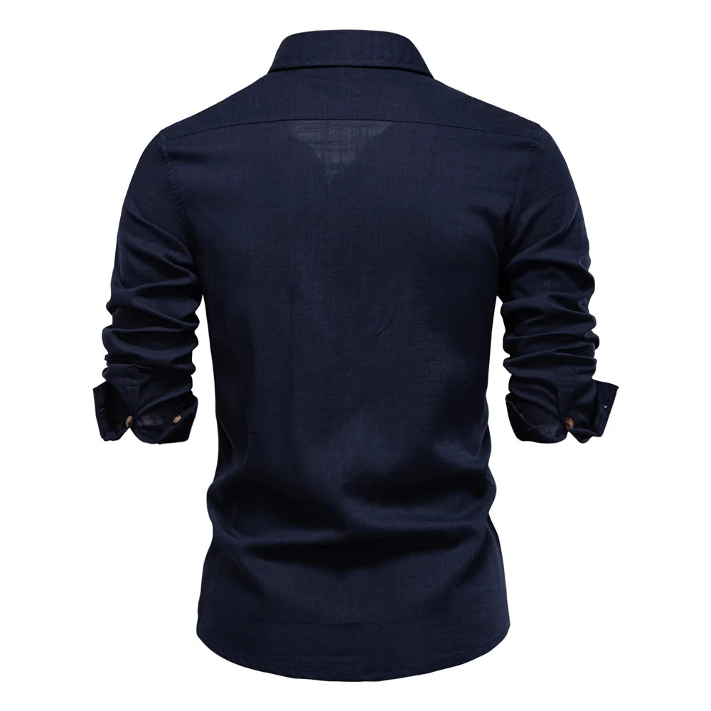Spring Men's Long-Sleeve Pure Colour Linen Shirt For Casual Comfort and Style Breathable Male Shirts