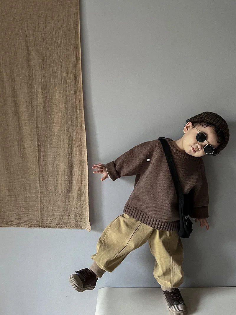Pure Cotton Solid Kids Sweaters Vintage Boys Pullover Knitwear Toddler Girls Sweater Shirt Outwear For Children 1-6Y Unisex