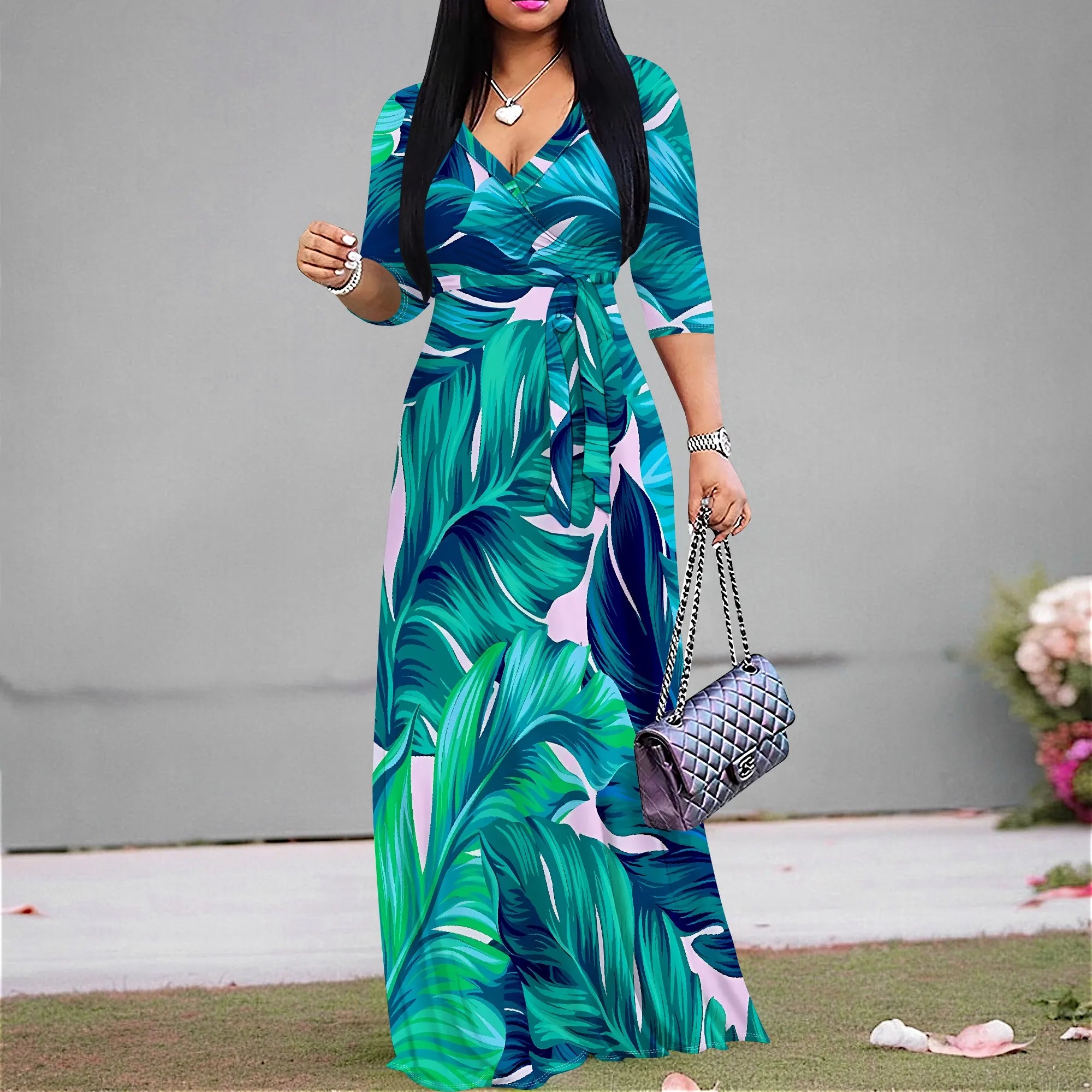 Vacation V-Neck Wrap Dress - Adjustable Tie Waist Floral Midi Dress, Tropical Resort Wear for Women