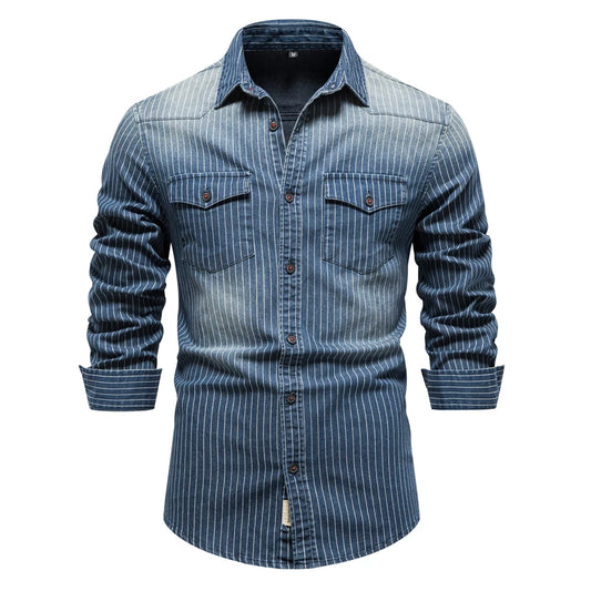 Men's Cotton Denim Shirts Striped Stretch Long Sleeve High Quality Jeans Shirts Casual Slim Cowboy Shirts For Men