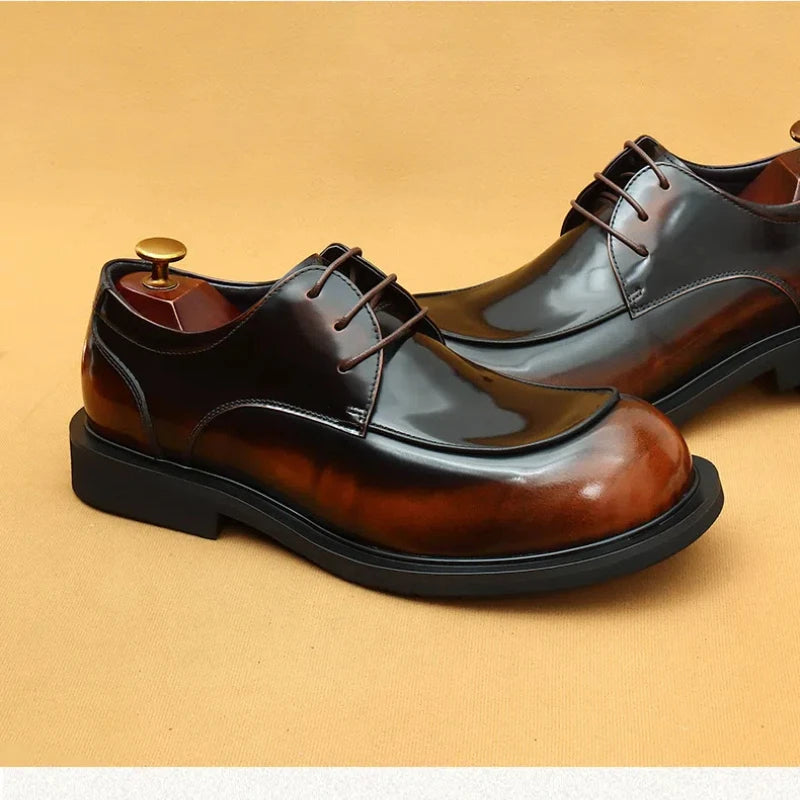 Men's business lace up casual leather shoes British big toe shoes cowhide patent leather round toe derby shoes Retro men's shoes