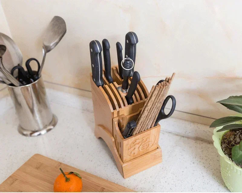 Wood Kitchen Knife Holder Bamboo Scissors Chopsticks Gadget Storage Shelf Rack Knife Block Stand Organizer Accessories