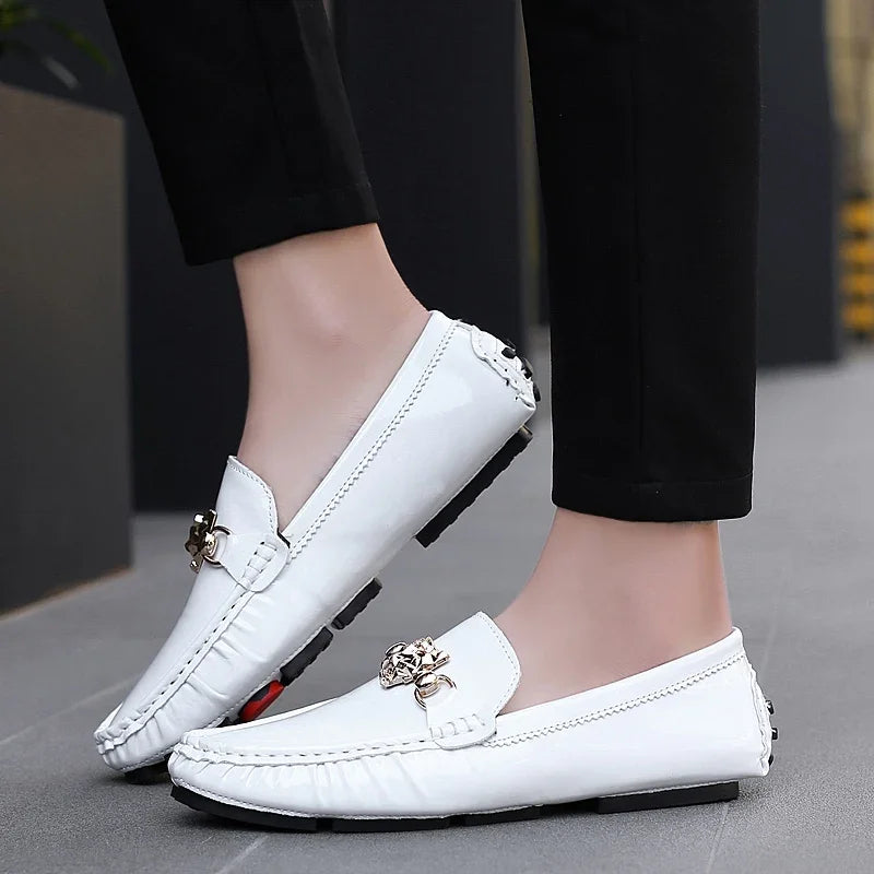 Stylish England Gentleman Casual Moccasin Shoes White Silver Mens Formal Dress Wedding Shoes Large Size 38-48 Youth Loafers