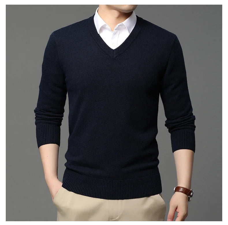 Men's High Quality Fashion Brand, Woollen Knit Pullover V-Neck Sweater, Autumn and Winter Casual Male Jumper