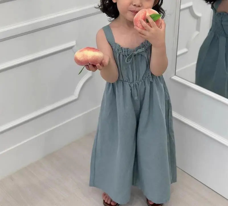 2025 Zomer Nieuwe Meisjes Mode Sling Wijde Pijpen Broek Katoen Kinderen Casual Overalls Kinderen Jumpsuit Effen Baby Meisjes Losse Broeken 4-6Y