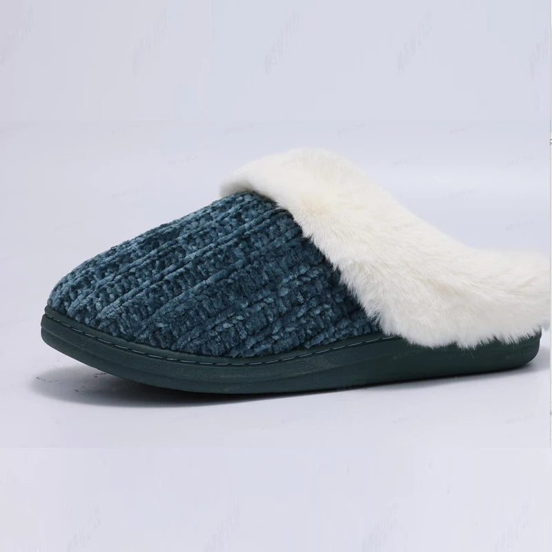 Women's Fleece Lined Warm House Cotton Slippers With Memory Foam and Non-Slip Cosy Fluffy Sole Plush Knit Slides Suitable For Bedroom Use