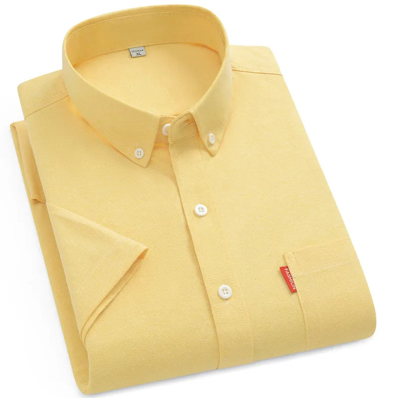Men's Summer Shirts Short Sleeve 100% Cotton Luxury Oxford White Yellow Red Business Formal Dress Shirt Big Size 5XL