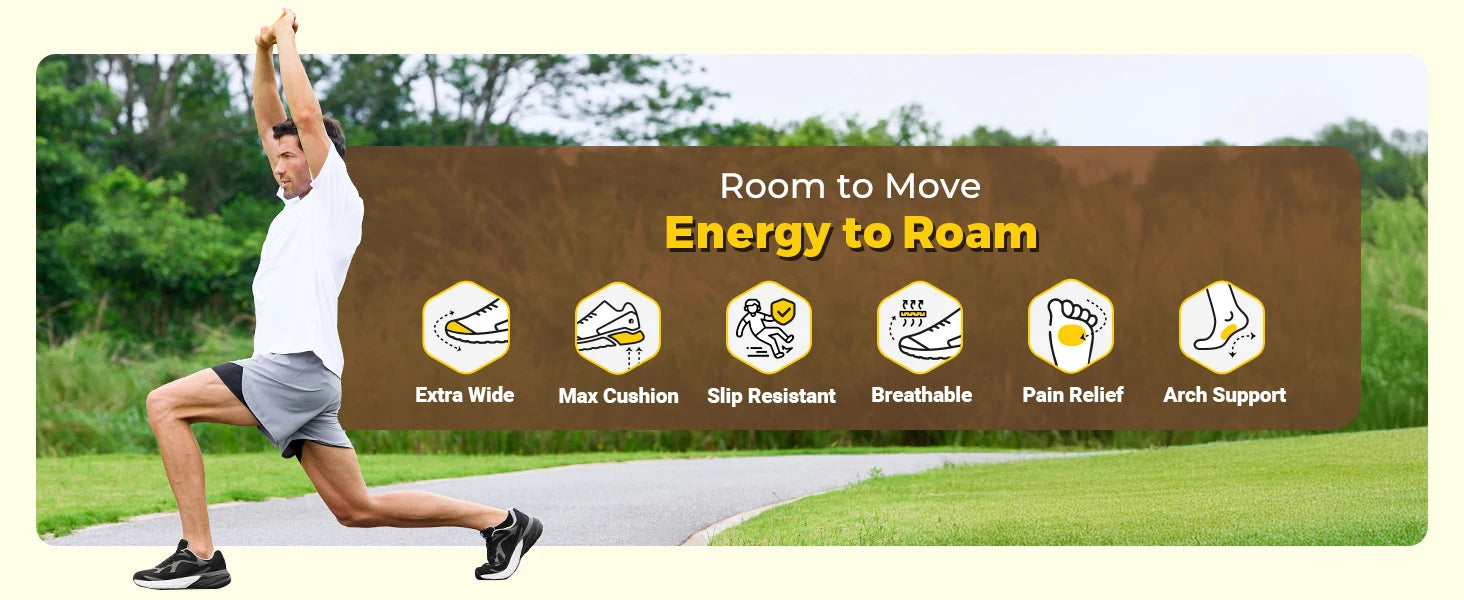 Men's Extra Wide Cushioned Sports Walking Shoes For Swollen Feet, Flat Feet, And Arch Fit - Suitable For Heel Pain Relieve