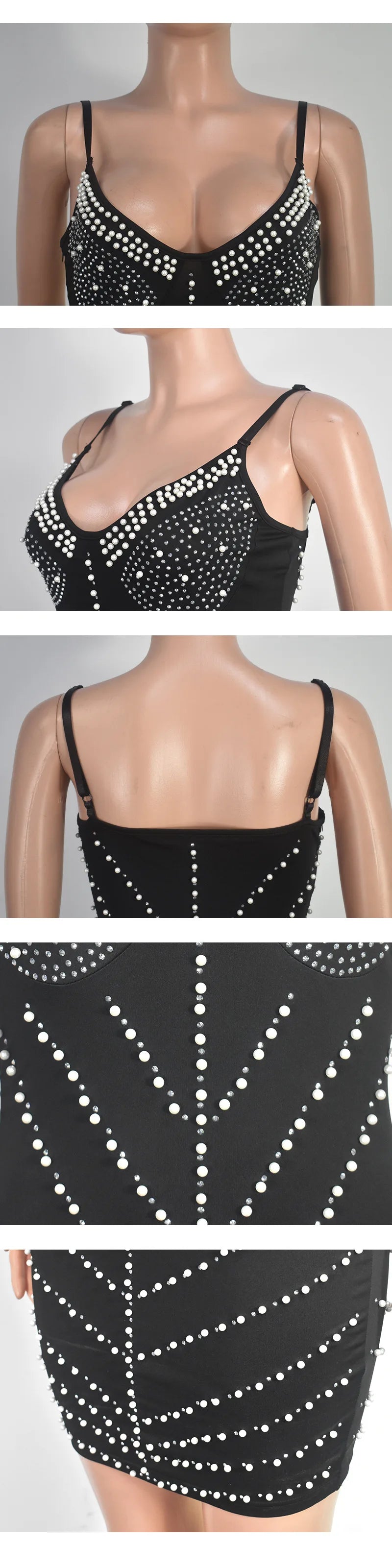 Women's Sexy Solid Color Deep V Neck Spaghetti Strap Beads Rhinestone Decor Mini Party Dress