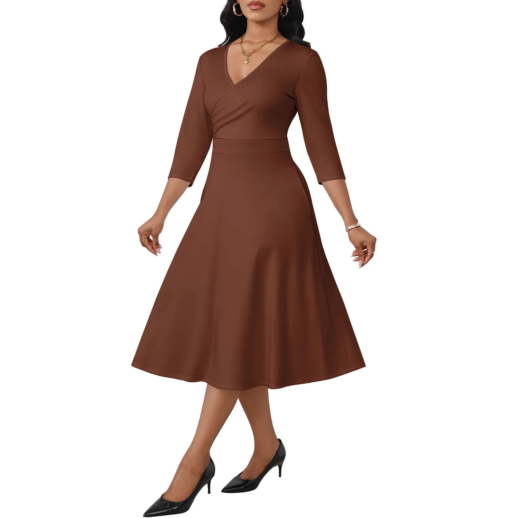 Ladies' casual flared midi dress, wedding guest cocktail tea party dress, A-line swing V-neck, three-quarter sleeves.