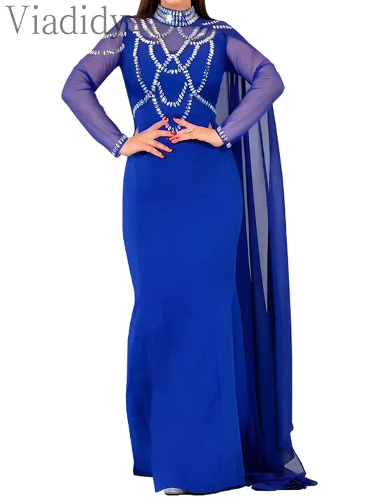 Sexy See Through Long Sleeve Solid Color Sheer Mesh Rhinestone High Slit Party Dress