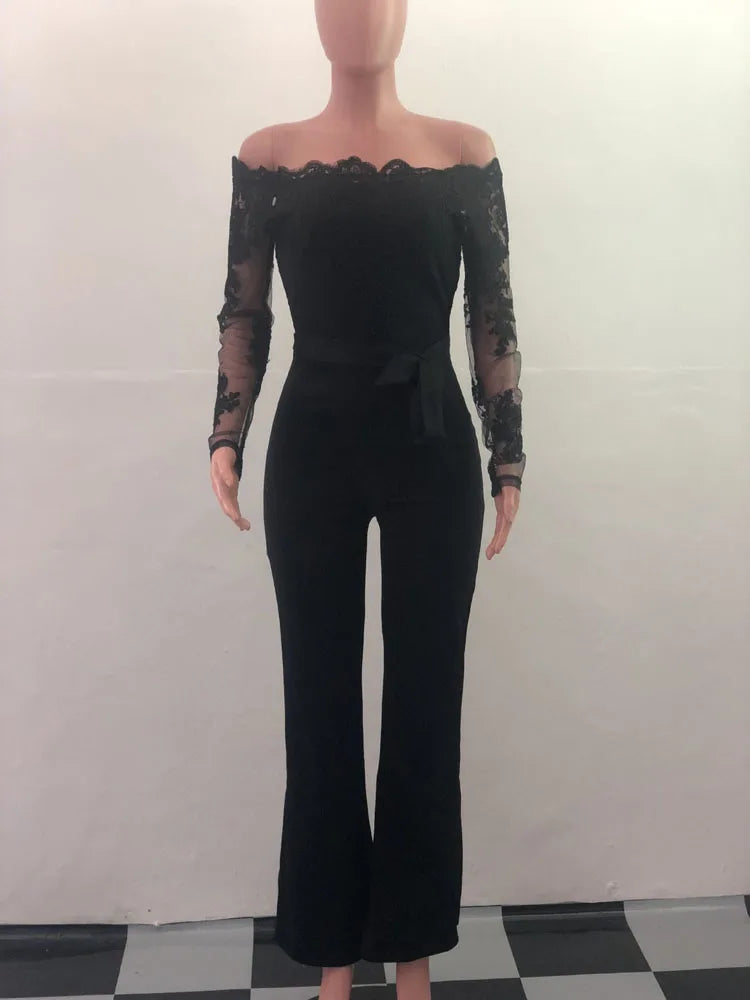Off Shoulder Mesh Embroidery Long Sleeve Flare Jumpsuit With Belt