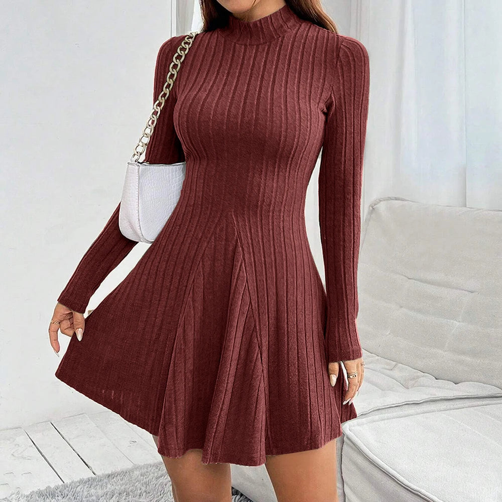 Women's Dresses Fall Winter Simple Solid Colour Long Sleeve Mock Neck A Line High Waisted Flare Hem Casual Short Dresses