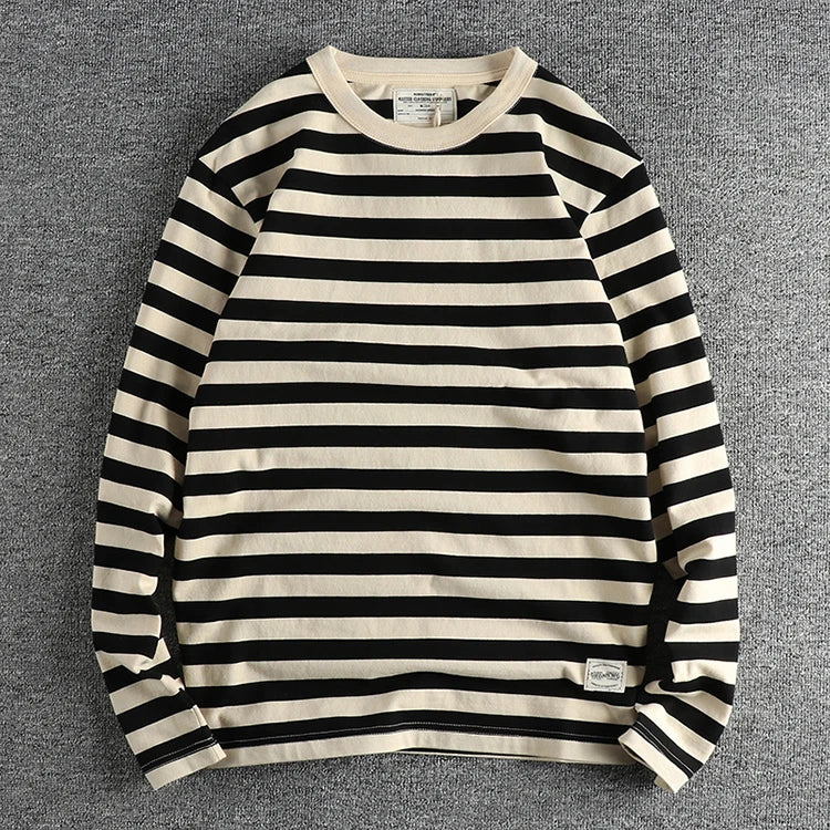 Autumn New American Retro 230g Heavyweight O-neck Striped T-shirt Men's Fashion 100% Cotton Washed Casual Loose Tough GuyTops