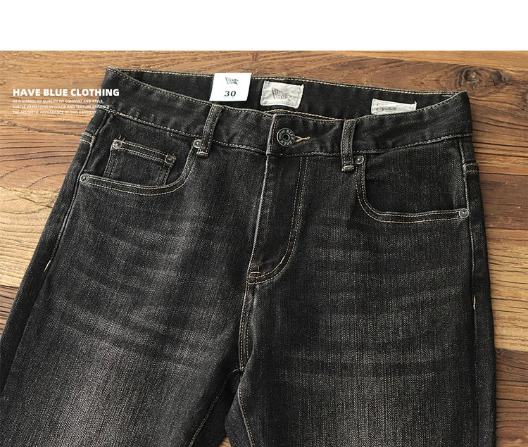 Herfst Nieuwe Amerikaanse Retro Zware Zwarte Denim Stretch Jeans Heren Eenvoudige Gewassen Oude Casual Rechte Slanke Potloodbroek