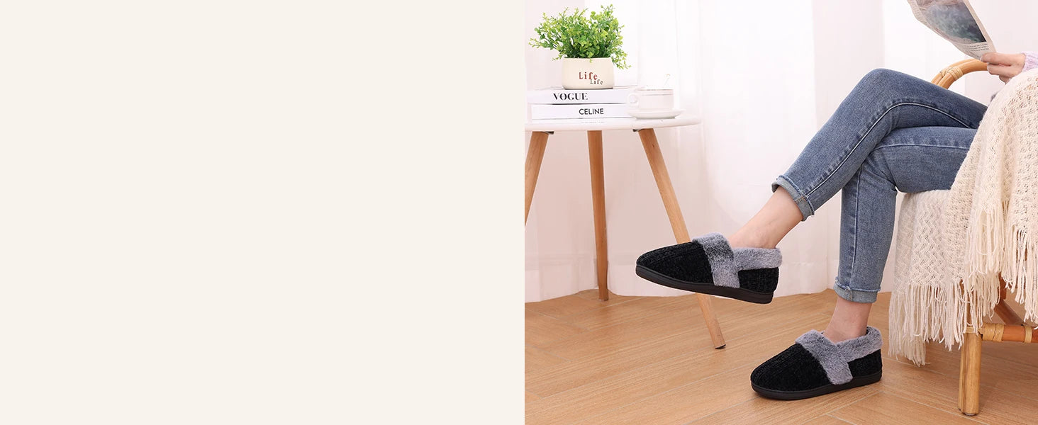 Women's Fleece Lined Warm House Cotton Slippers With Memory Foam and Non-Slip Cosy Fluffy Sole Plush Knit Slides Suitable For Bedroom Use