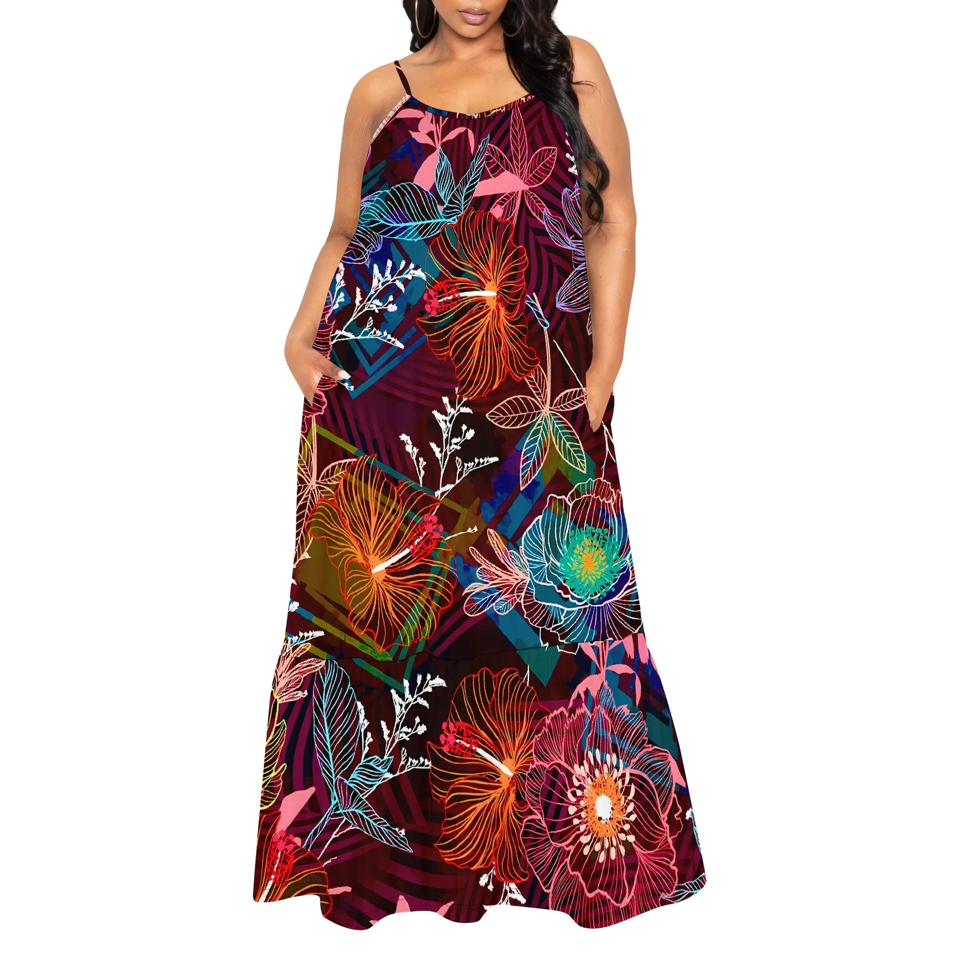 Colorful Plaid Floral Maxi Dress for Women Sleeveless Casual Spaghetti Strap Vacation Outfit