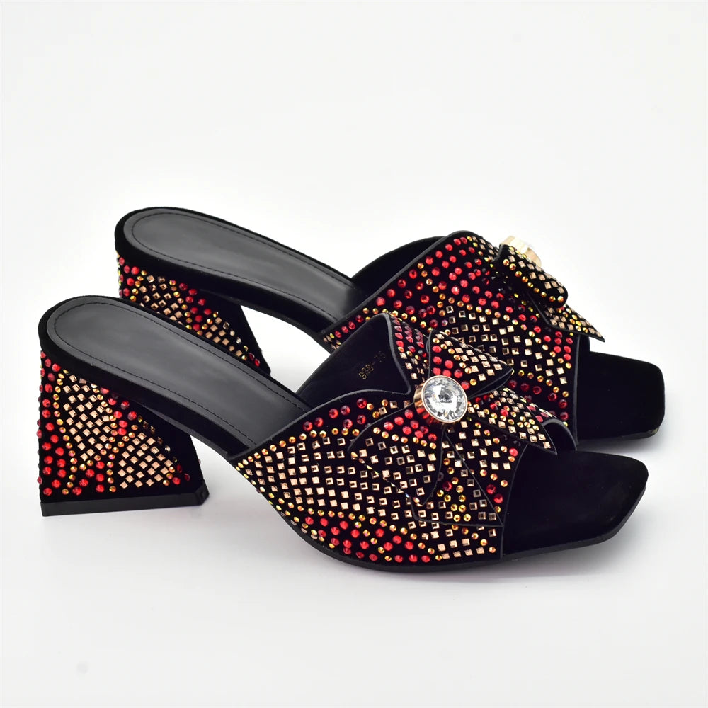 Nigeria Popular Design African Ladies Shoes and Bag Set Decorated with Rhinestone Wedding Shoes Bride Peep Toe Low Black Heels
