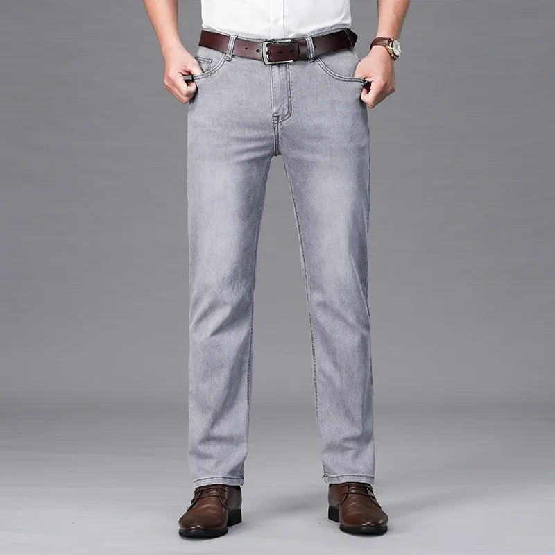 2025 Dunne of dikke stoffen kantoor- en zakenjeans voor heren, klassiek blauw, zwart, katoenen stretch, rechte denimbroek, herenmerkbroeken