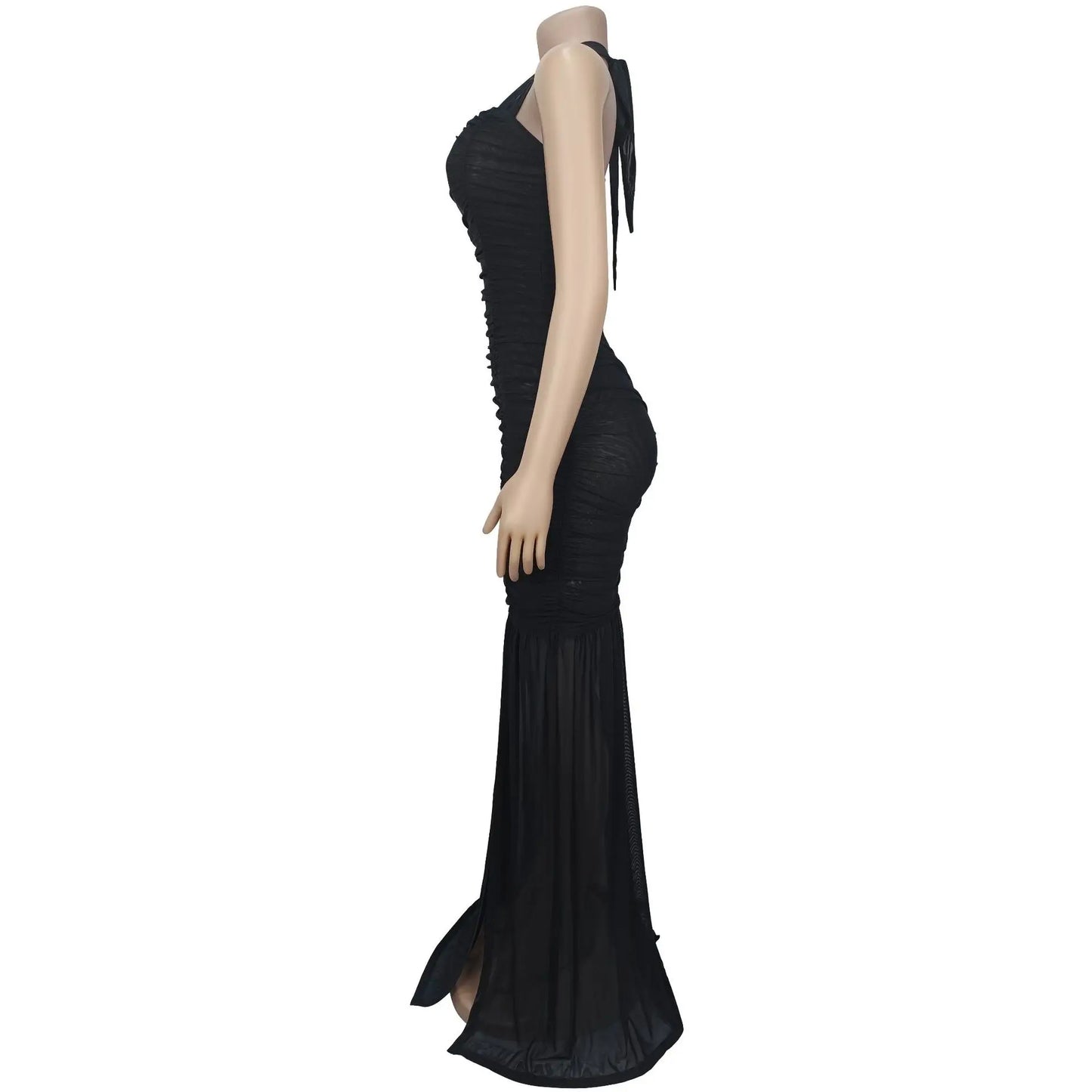 Women's Sexy Summer See Through Sheer Mesh Slit Solid Color Halter Dress Ruched Mermaid Pleated Mermaid Party Dress